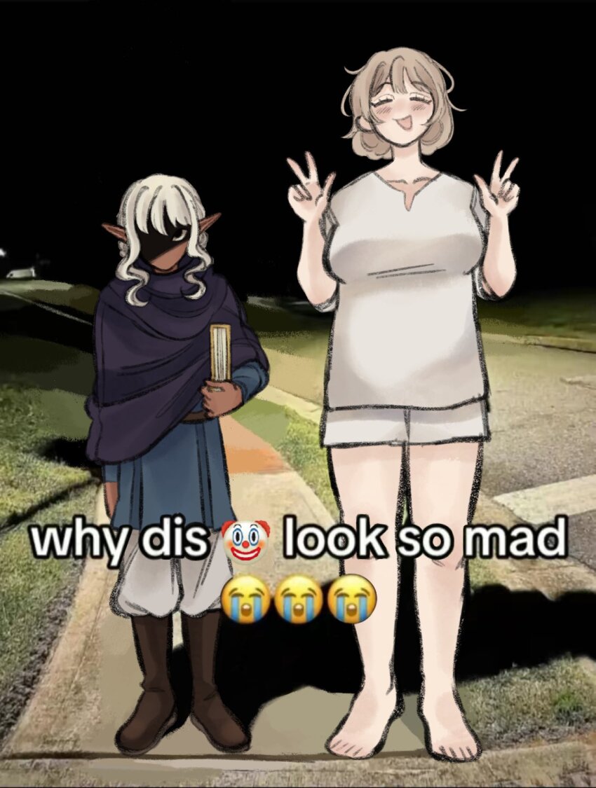 book, closed_eyes, dark-skinned_male, dark_elf, dark_skin, double_v, dungeon_meshi, elf, emoji, english_text, falin_touden, full_body, ginakusgf, grey_hair, grimoire, highres, holding, holding_book, meme, night, outdoors, photo_background, pointy_ears, purple_tunic, shaded_face, shirt, short_bangs, side-by-side, thistle_(dungeon_meshi), tunic, v, white_hair, white_shirt, why_dis_ninja_look_so_mad_(meme)