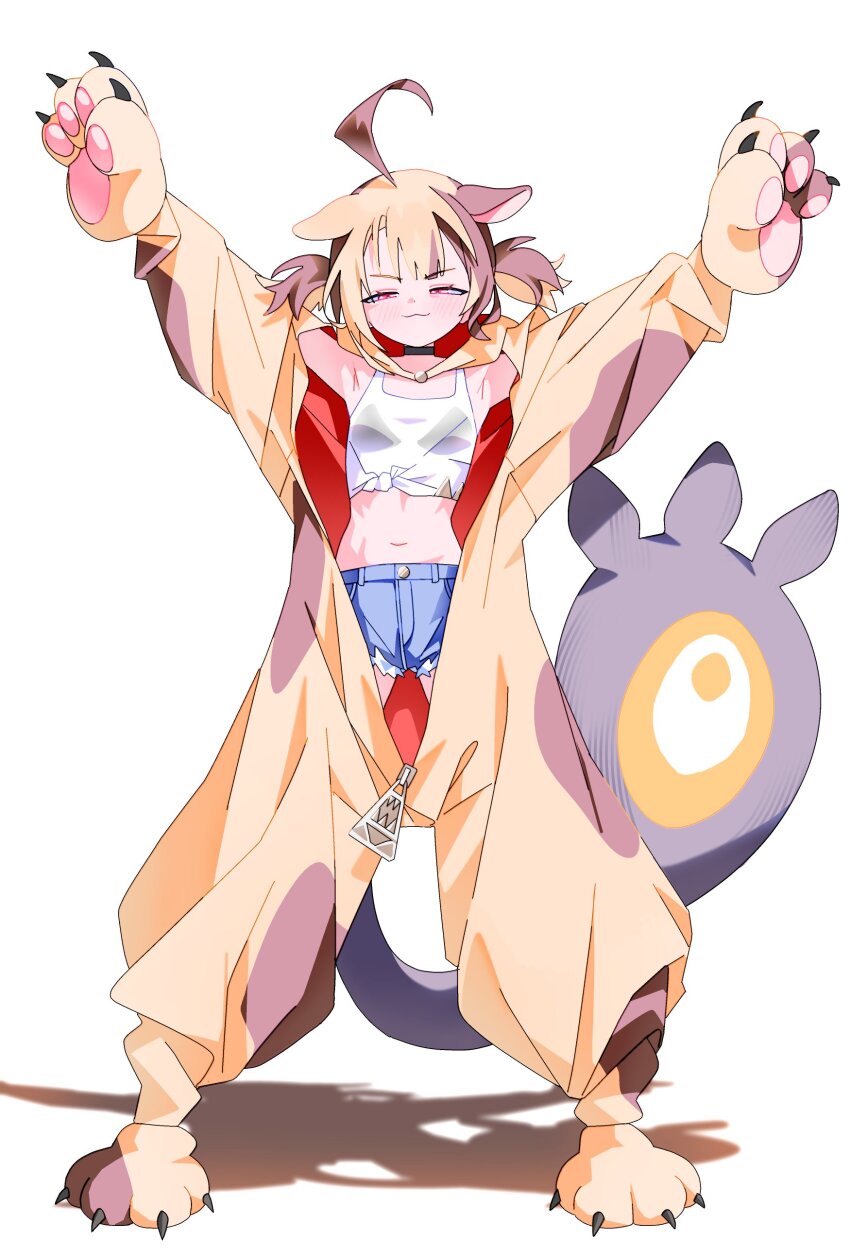 1girl, absurdres, ahoge, animal, animal_collar, animal_ears, animal_hands, collar, commentary, english_commentary, gigi_murin, gurumie, highres, hololive, hololive_english, midriff, multicolored_hair, navel, pawpads, popo_(gigi_murin), shirt, short_hair, short_shorts, shorts, simple_background, solo, standing, tail, virtual_youtuber, white_background