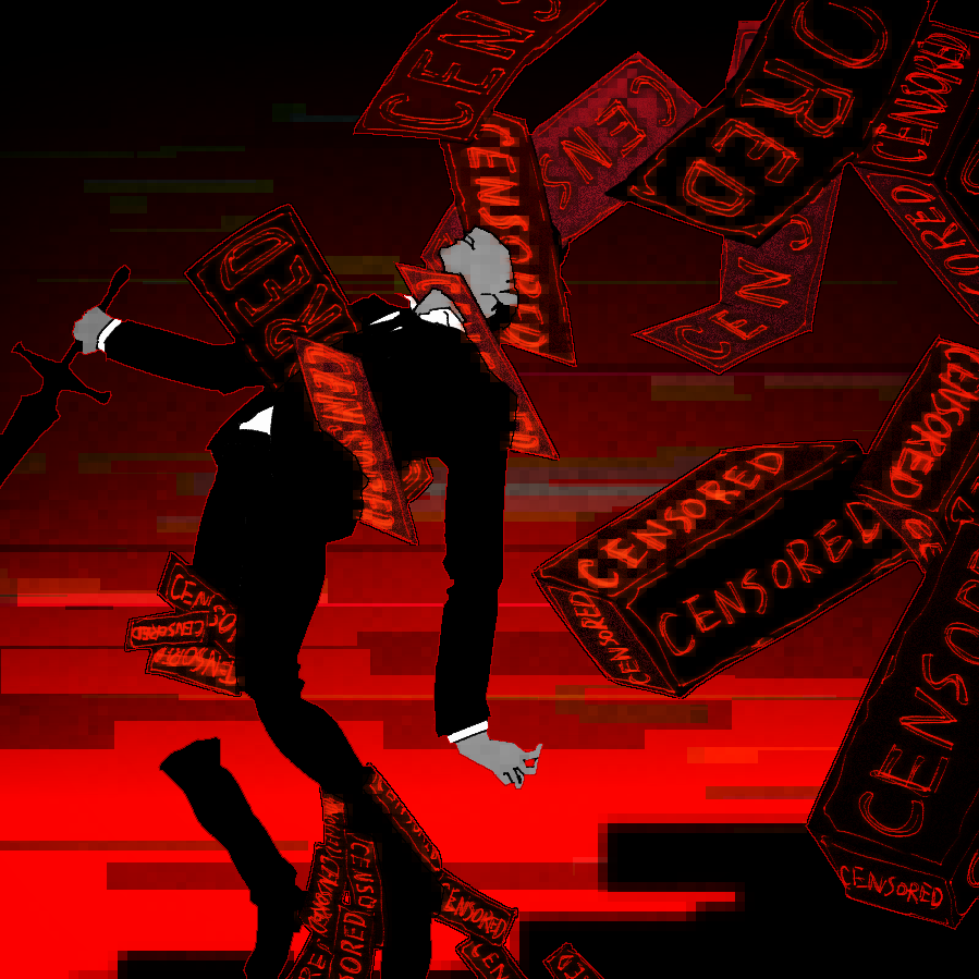 1boy, black_footwear, black_jacket, black_pants, censored_(e.g.o), censored_(project_moon), e.g.o_(project_moon), formal_clothes, glitch, holding, holding_sword, holding_weapon, jacket, library_of_ruina, long_sleeves, obobkkp, pants, parted_lips, project_moon, roland_(project_moon), severed_limb, solo, suit, sword, weapon