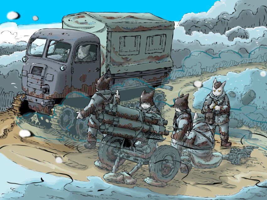 6+boys, animal, artillery, cannon, caterpillar_tracks, combat_helmet, furry, helmet