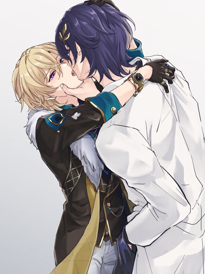 2boys, absurdres, aqua_shirt, aventurine_(honkai:_star_rail), black_gloves, black_jacket, black_vest, blonde_hair