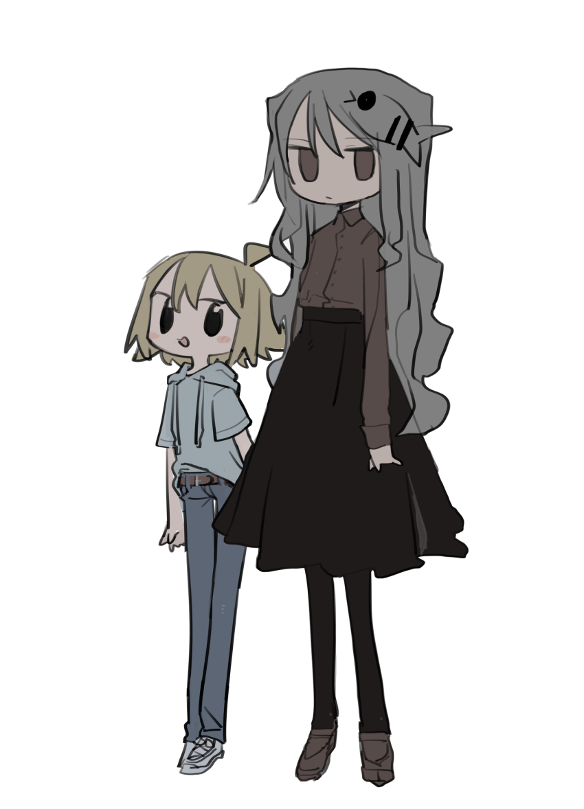 2girls, agoshi_sakina, ahoge, alternate_costume, arms_at_sides, belt, black_pantyhose, black_skirt