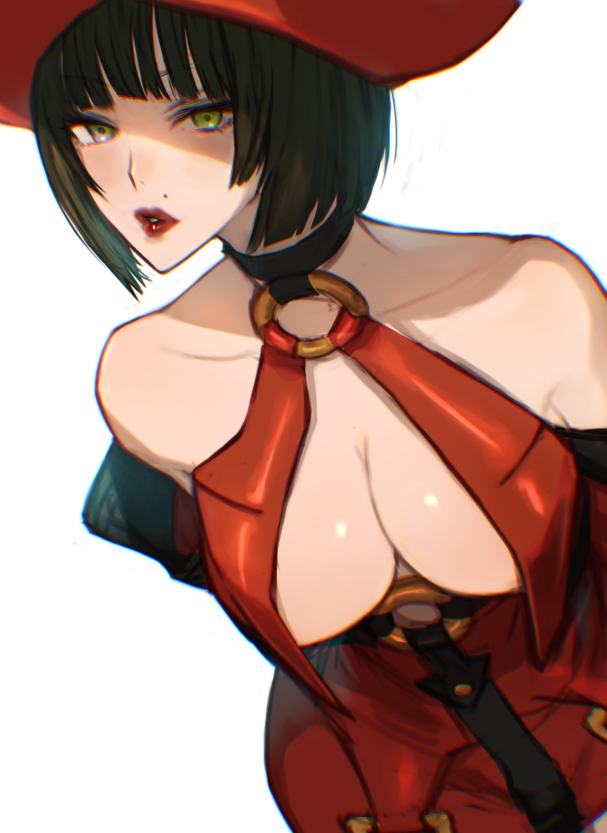 1girl, arc_system_works, black_hair, breasts, cleavage, collarbone, green_eyes, guilty_gear