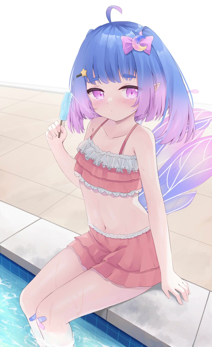 1girl, 2024, absurdres, ahoge, bandaid, blue_hair, ciell980, flat_chest, food, highres, indie_virtual_youtuber, littlenii, loli, mirror, pointy_ears, pool, popsicle, purple_eyes, purple_hair, sitting, solo, twintails, virtual_youtuber, water