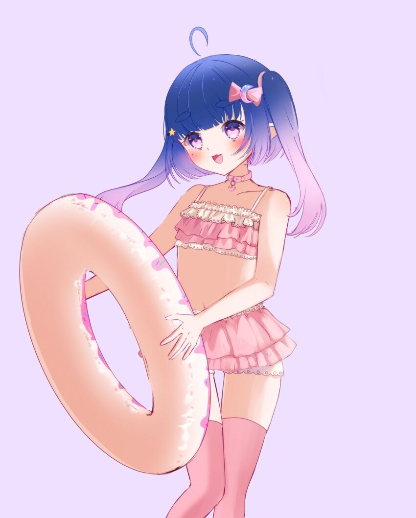1girl, 2024, blue_hair, donut, flat_chest, food, hair_ribbon, highres