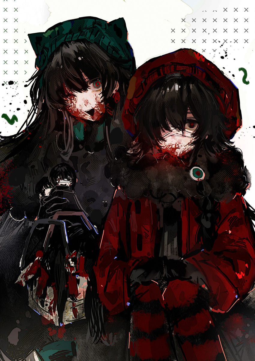 2girls, absurdres, basket, black_capelet, black_dress, black_eyes, black_gloves, black_hair, blood, blood_on_clothes, blood_on_face, capelet, chinese_commentary, collared_capelet, commentary_request, dress, fur-trimmed_jacket, fur_trim, gloves, green_eyes, green_hat, hat, highres, holding, holding_basket, huangdouliuhan, jacket, long_hair, long_sleeves, medium_hair, multiple_girls, naihe_(female)_(touqi_guaitan), naihe_(male)_(touqi_guaitan), official_alternate_costume, one_eye_closed, open_clothes, open_jacket, open_mouth, pantyhose, red_hat, red_jacket, red_pantyhose, red_pupils, siblings, sisters, smile, striped_clothes, striped_pantyhose, touqi_guaitan, wu_song_(female)_(touqi_guaitan), wu_song_(male)_(touqi_guaitan)