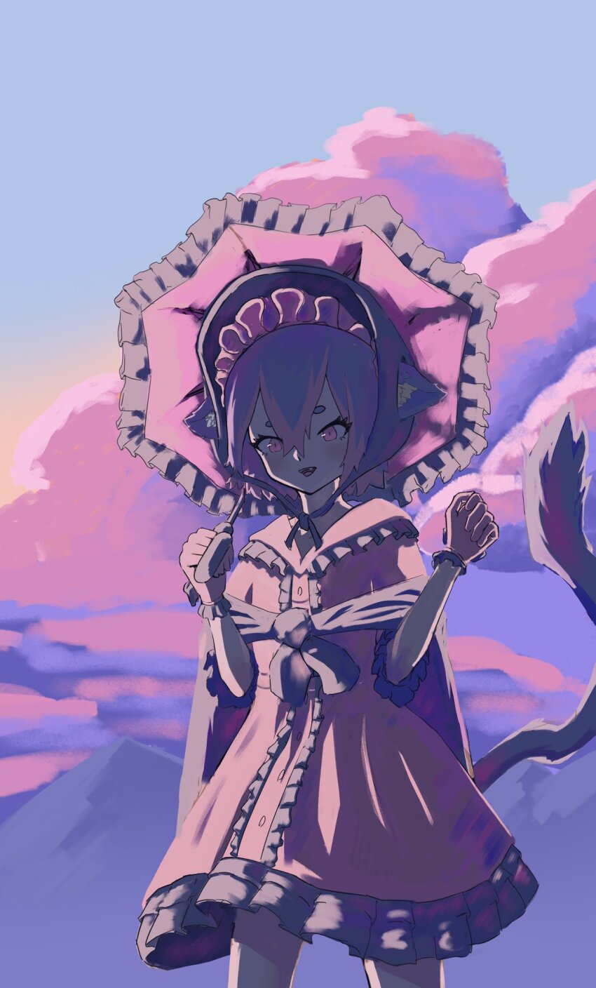 1girl, 2023, ahegao, animal_ears, antennae, blue_hair, cat_999, cat_ears, child, cloud, flat_chest, highres, indie_virtual_youtuber, littlenii, purple_eyes, purple_hair, solo, umbrella, virtual_youtuber