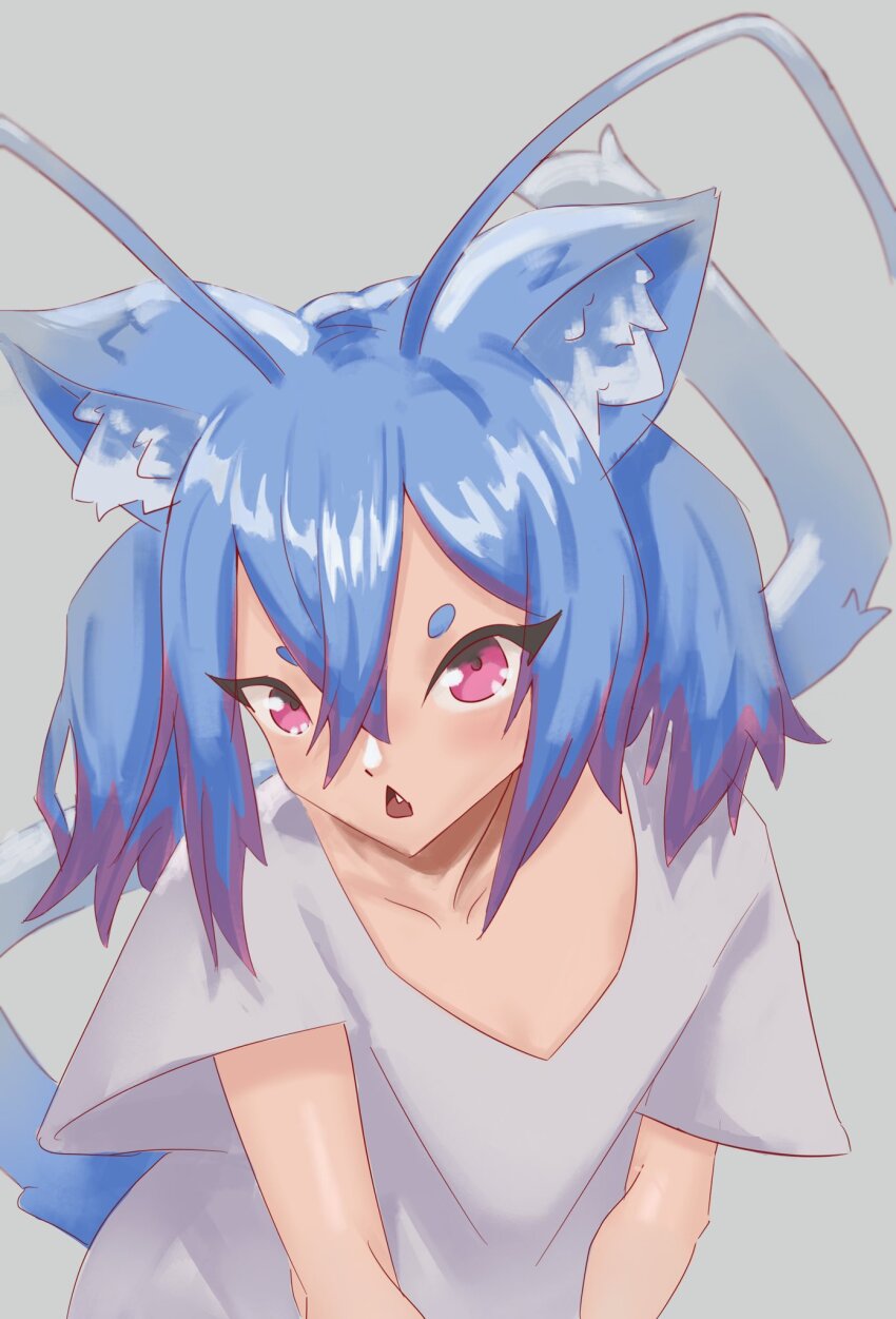 1girl, 2023, animal_ears, antennae, blue_hair, cat_999, cat_ears, child, flat_chest, highres, indie_virtual_youtuber, littlenii, neck_bell, purple_eyes, purple_hair, shirt, solo, virtual_youtuber, white_shirt