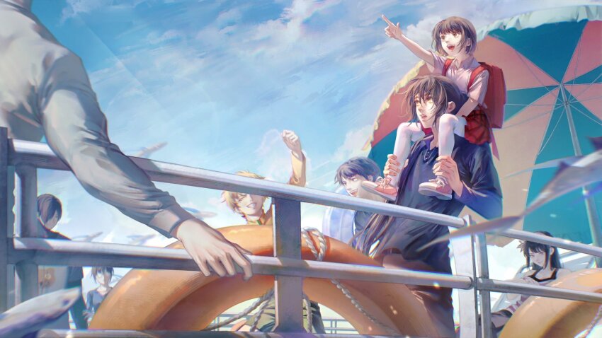 3girls, 5boys, arm_up, bag, beach_umbrella, black_hair, black_pants, black_shirt