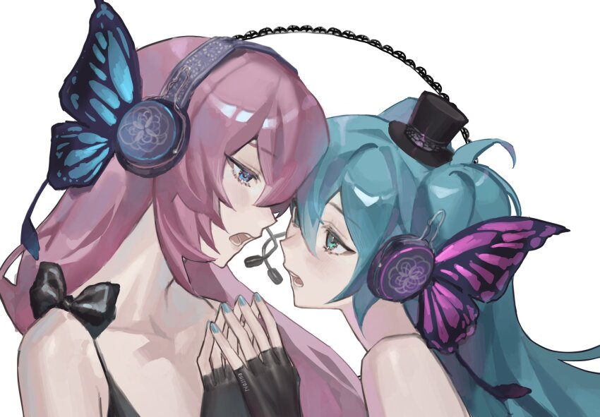2girls, aqua_eyes, aqua_hair, aqua_nails, bare_shoulders, black_gloves, blue_eyes, butterfly_wings