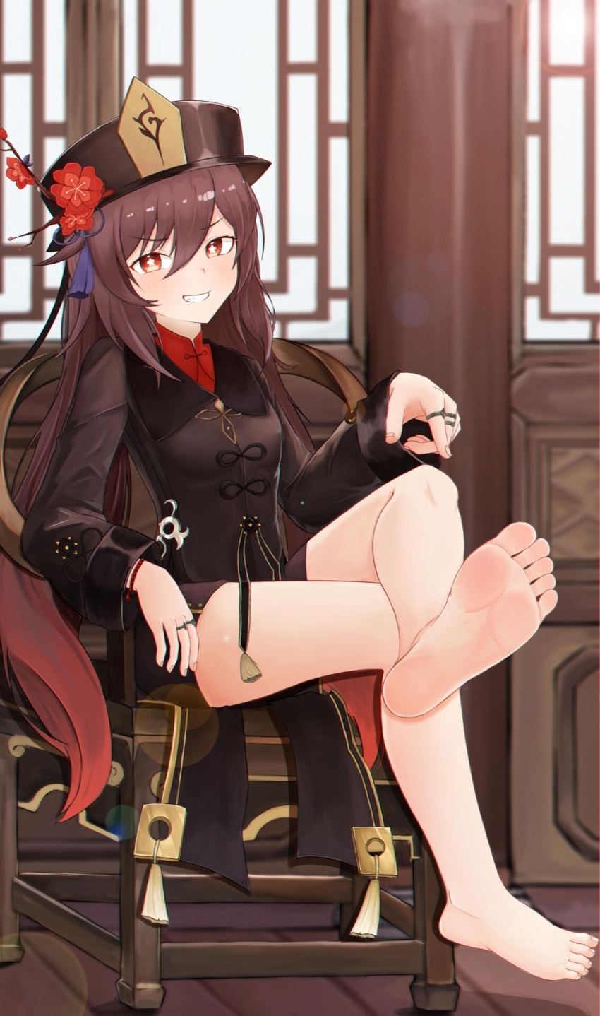 1girl, arm_at_side, bare_legs, barefoot, black_shorts, blush, breasts, brown_coat, brown_hair, brown_hat, chair, chinese_clothes, coat, collared_coat, commentary, crossed_legs, english_commentary, feet, fingernails, flower, flower-shaped_pupils, foot_focus, foreshortening, full_body, genshin_impact, grin, haimaotuanzi, hair_between_eyes, hand_up, hat, hat_flower, hat_tassel, highres, hu_tao_(genshin_impact), index_finger_raised, indoors, jewelry, long_hair, long_sleeves, looking_at_viewer, mixed-language_commentary, multiple_rings, naughty_face, on_chair, plum_blossoms, pointing, pointing_at_self, porkpie_hat, red_flower, ring, shorts, sidelocks, sitting, small_breasts, smile, smug, soles, solo, straight_hair, symbol-shaped_pupils, toenails, toes, tsurime, twintails, v-shaped_eyebrows, very_long_hair, wide_sleeves