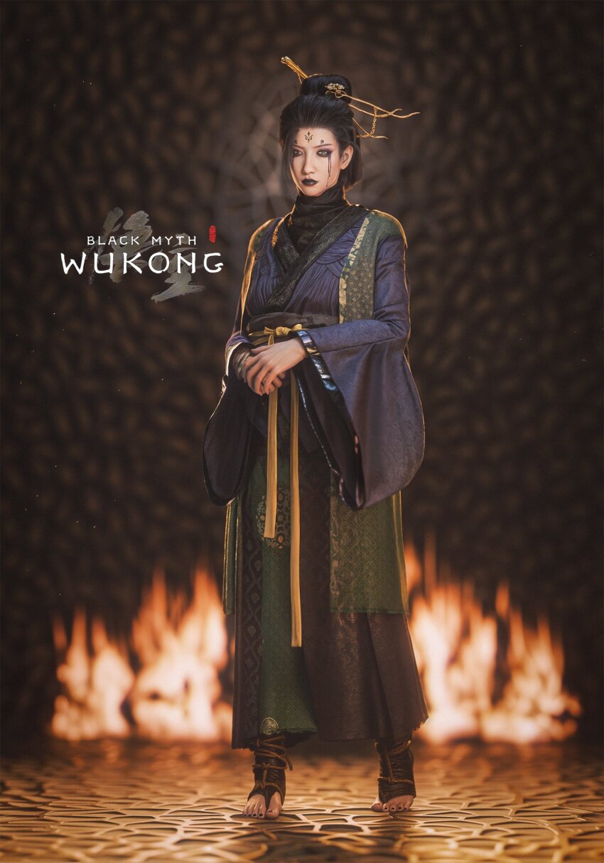 1girl, asymmetrical_bangs, black_hair, black_lips, black_myth:_wukong, black_nails, blender_(medium), blurry