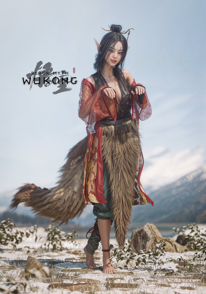 1girl, anklet, asymmetrical_legwear, bare_shoulders, barefoot, black_hair, black_myth:_wukong, blender_(medium)