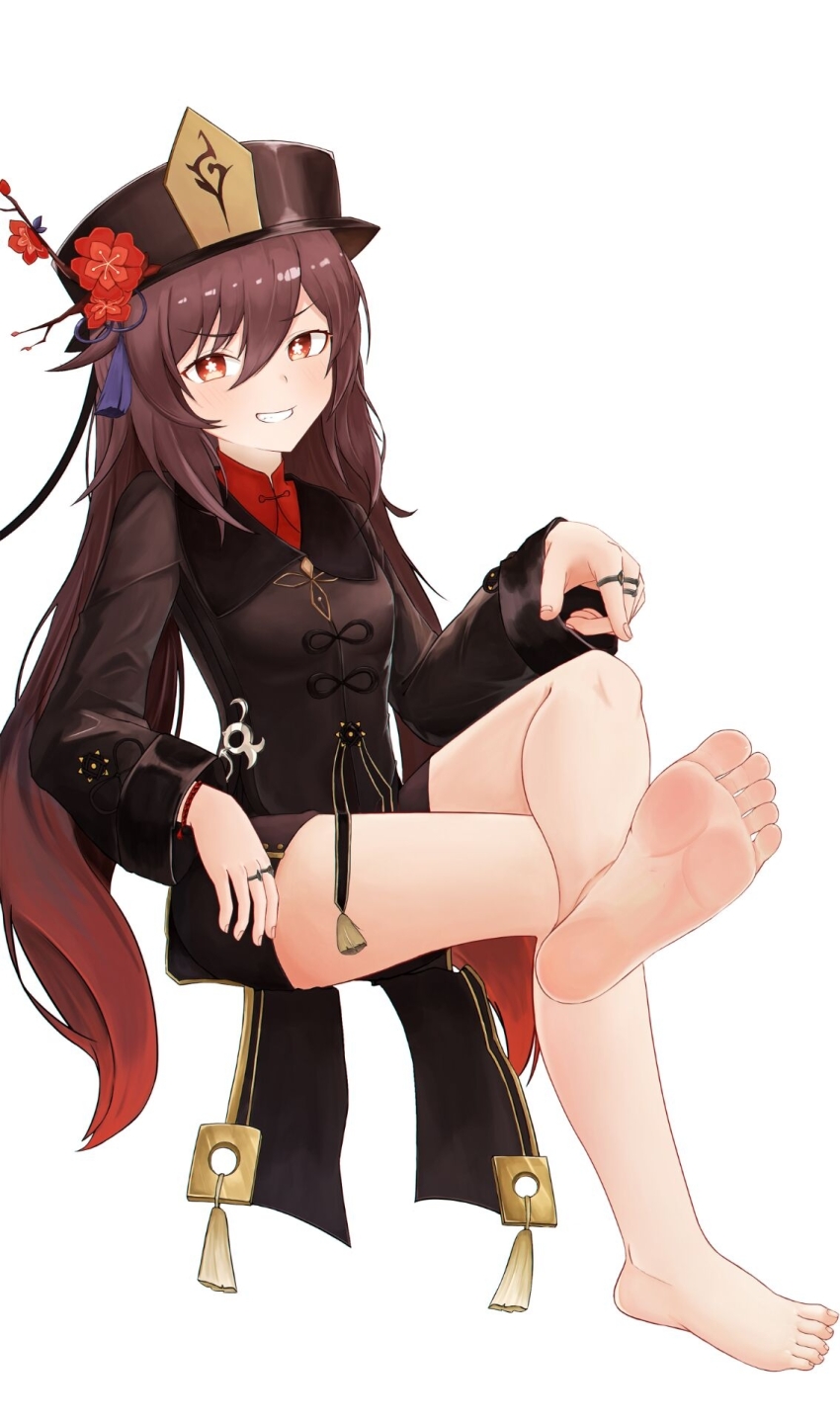 1girl, arm_at_side, bare_legs, barefoot, black_shorts, blush, breasts, brown_coat