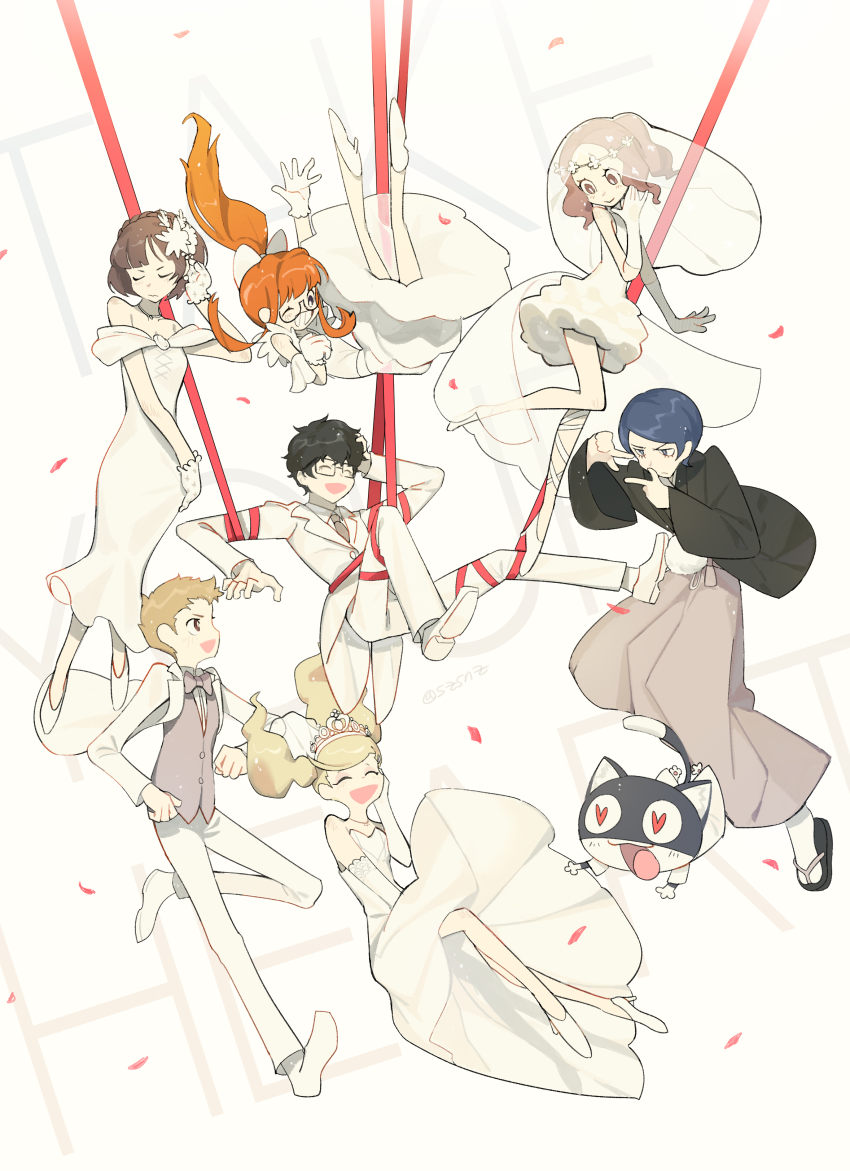 4boys, 4girls, absurdres, amamiya_ren, blue_hair, bridal_veil, brown_hair, dress, eunjae_rice, flower, formal_clothes, glasses, hair_flower, hair_ornament, highres, japanese_clothes, kimono, kitagawa_yuusuke, morgana_(persona_5), multiple_boys, multiple_girls, niijima_makoto, official_alternate_costume, okumura_haru, persona, persona_5, persona_5_tactica, red_ribbon, ribbon, sakamoto_ryuuji, sakura_futaba, smile, suit, takamaki_anne, tiara, tuxedo, twintails, veil, wedding_dress, wedding_suit, white_dress, white_suit