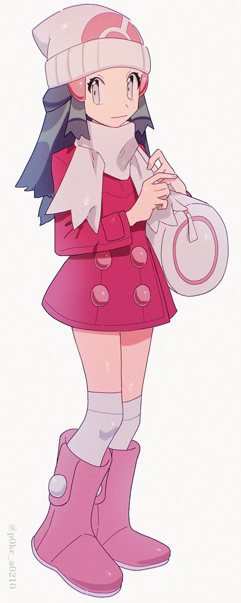 1girl, bag, beanie, black_hair, boots, closed_mouth, coat, dawn_(pokemon)