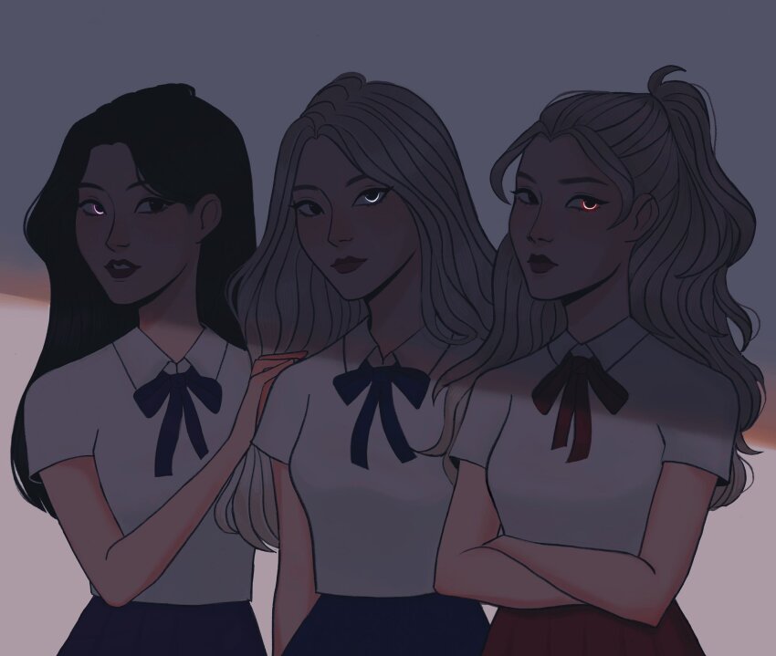 3girls, blue_eyes, brown_hair, choerry, closed_mouth, commentary, crossed_arms, gittanart