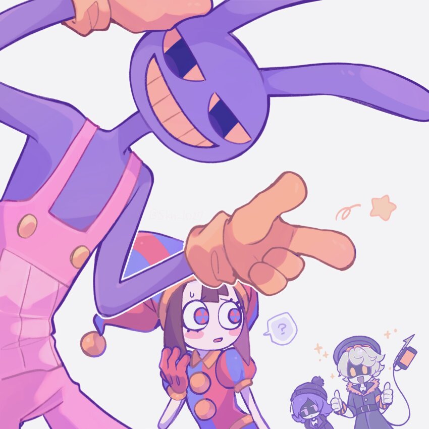 2boys, 2girls, :d, ?, animal_ears, bare_shoulders, beanie, belt, black_belt, black_eyes, black_hat, black_jacket, blue_eyes, blue_hat, blue_shirt, bob_cut, brown_hair, center-flap_bangs, closed_mouth, colored_sclera, colored_skin, colored_teeth, cowboy_shot, double_thumbs_up, fewer_digits, fur-trimmed_jacket, fur_trim, furry, furry_male, gloves, grey_background, grey_hair, grin, hair_between_eyes, hand_up, hat, highres, humanoid_robot, in-franchise_crossover, index_finger_raised, jacket, jax_(the_amazing_digital_circus), jester, jester_cap, looking_at_another, looking_at_viewer, multicolored_eyes, multiple_boys, multiple_girls, murder_drones, n_(murder_drones), open_mouth, orange_gloves, orange_sclera, orange_teeth, overalls, pink_overalls, pom_pom_(clothes), pom_pom_beanie, pomni_(the_amazing_digital_circus), puffy_short_sleeves, puffy_sleeves, purple_eyes, purple_hair, purple_skin, rabbit_boy, rabbit_ears, red_eyes, red_gloves, red_hat, red_shirt, robot, shirt, short-sleeved_jacket, short_sleeves, simple_background, skn_1027, smile, sparkle, spoken_question_mark, star_(symbol), striped_clothes, striped_headwear, striped_shirt, the_amazing_digital_circus, thumbs_up, two-tone_eyes, two-tone_hat, two-tone_shirt, upper_body, uzi_(murder_drones), vertical-striped_clothes, vertical-striped_headwear, vertical-striped_shirt, white_skin, yellow_eyes