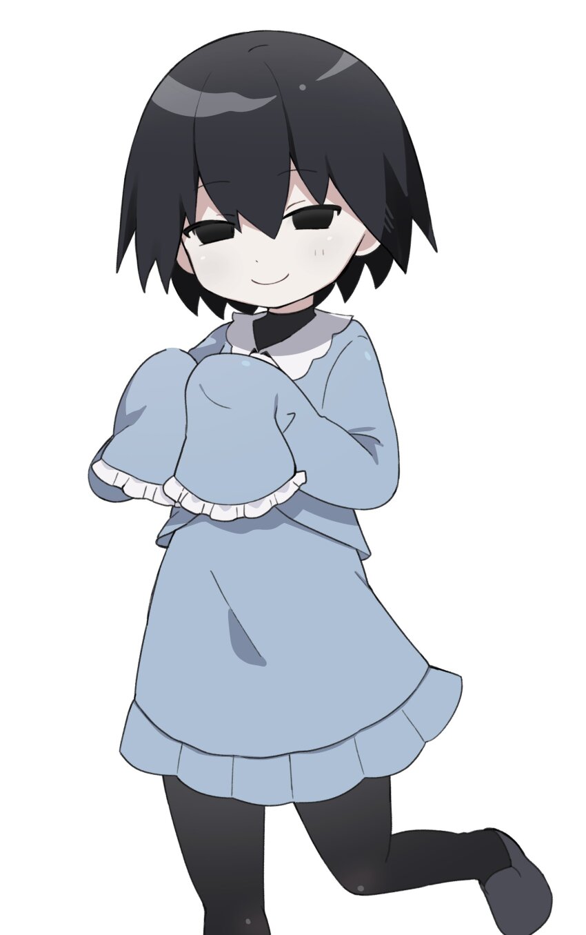 1girl, absurdres, aged_down, alternate_costume, black_eyes, black_hair, black_pantyhose, blue_eyes, closed_mouth, collared_dress, commentary, dress, empty_eyes, foot_up, frilled_dress, frilled_sleeves, frills, from_side, grey_shoes, hair_between_eyes, hashtag-only_commentary, highres, light_blush, long_hair_between_eyes, long_sleeves, looking_at_viewer, looking_to_the_side, monogatari_(series), narrowed_eyes, oshino_ougi, own_hands_together, pale_skin, pantyhose, shoes, simple_background, sleeves_past_fingers, sleeves_past_wrists, smile, solo, standing, standing_on_one_leg, untranslatable_commentary, turtleneck, undershirt, white_background, white_trim, zorimu