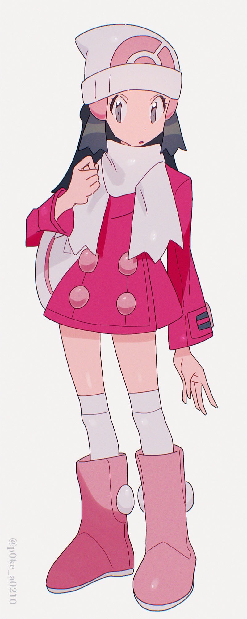 1girl, :o, bag, beanie, black_hair, boots, coat, dawn_(pokemon)