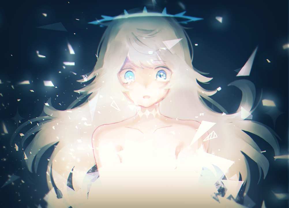 1other, bare_shoulders, blue_background, blue_eyes, collarbone, glass_shards, glowing, glowing_eye