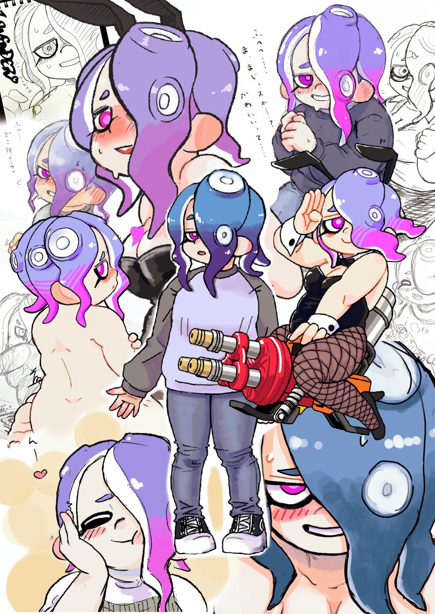 1girl, absurdres, animal_ears, back, black_pantyhose, blue_hair, blush, breasts