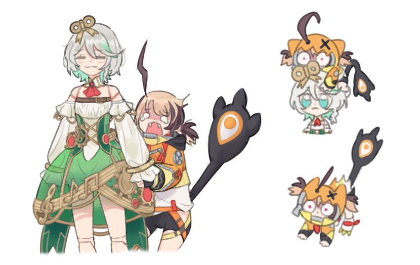 2girls, :3, absurdres, ahoge, all_fours, animal_hood, behind_another, black_shorts, blonde_hair, breasts, brown_hair, cecilia_immergreen, cecilia_immergreen_(1st_costume), chest_belt, chibi, closed_eyes, doll_joints, dress, eighth_note, fangs, frilled_sleeves, frills, gigi_murin, gigi_murin_(1st_costume), green_eyes, green_hair, green_skirt, highres, hololive, hololive_english, hood, isarobn, joints, lightning_ahoge, long_sleeves, multicolored_hair, multiple_girls, multiple_views, musical_note, on_head, open_mouth, person_on_head, scared, shirt, short_hair, short_shorts, short_twintails, shorts, simple_background, skirt, sleeves_past_wrists, small_breasts, smug, tail, tail_raised, tearing_up, treble_clef, twintails, two-tone_hair, virtual_youtuber, white_background, white_dress, white_hair, white_shirt, wide-eyed, winding_key