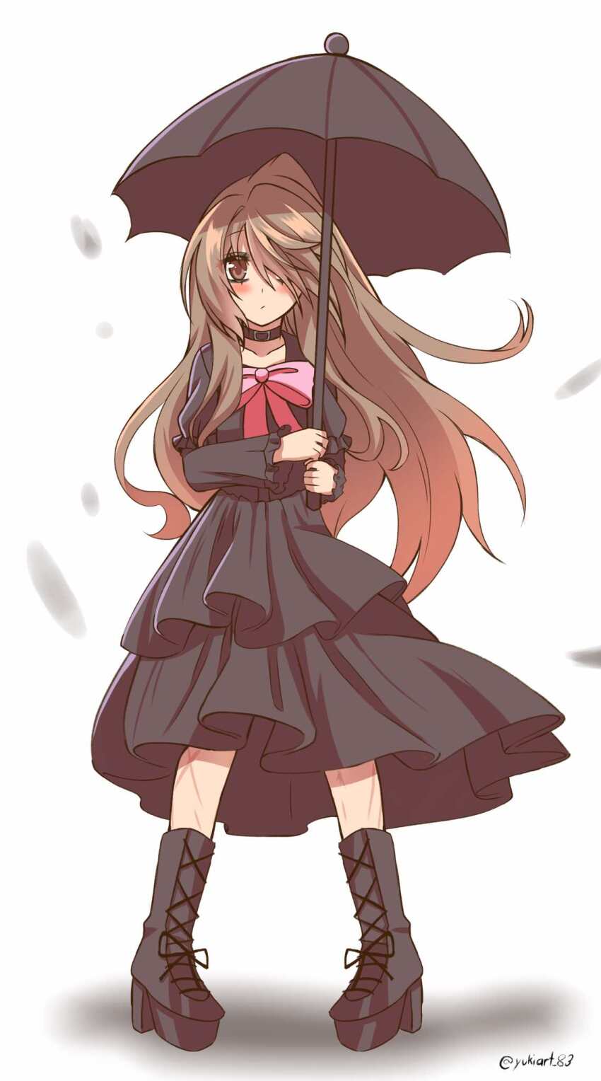 1girl, aisaka_taiga, alternate_costume, black_dress, boots, brown_eyes, brown_hair, choker