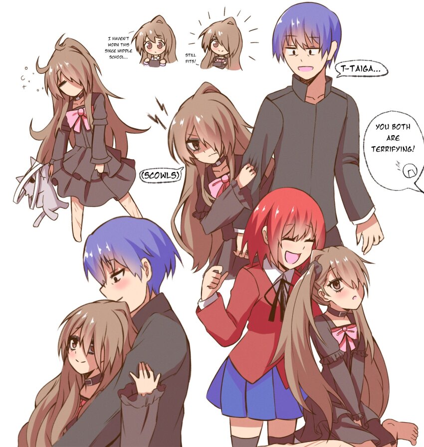 2girls, aisaka_taiga, alternate_costume, bandages, black_dress, black_jacket, blue_hair, boots