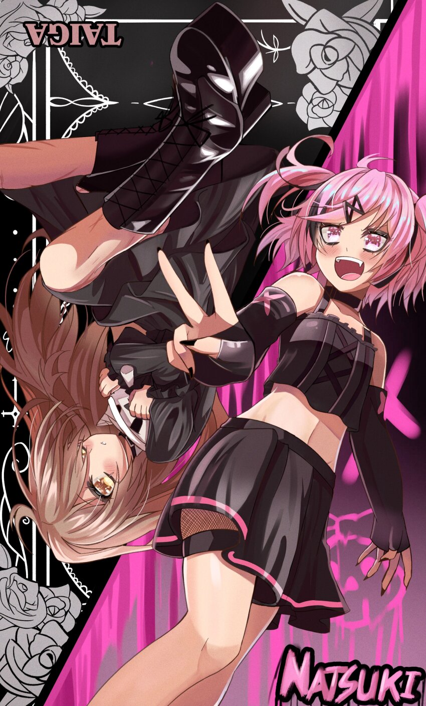 2girls, absurdres, aisaka_taiga, alternate_costume, black_dress, black_hair, black_nails, black_skirt, boots, brown_eyes, brown_hair, doki_doki_literature_club, dress, goth_fashion, gothic_lolita, hair_over_one_eye, highres, lolita_fashion, long_sleeves, midriff, multiple_girls, natsuki_(doki_doki_literature_club), pink_eyes, pink_hair, pink_ribbon, ribbon, scar, scar_on_leg, skirt, smile, spray_paint, stuffed_toy, tiger, toradora!, yukiart_83