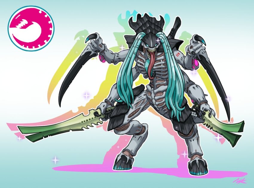 1other, adapted_weapon, aqua_background, artist_name, colored_shadow, commentary, cosplay, drop_shadow