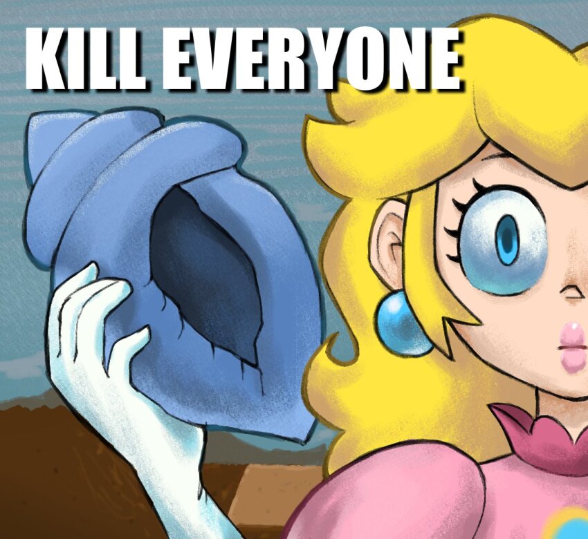 1girl, blank_stare, blonde_hair, blue_eyes, cado_(cadoart), close-up, conch, dress, earrings, elbow_gloves, english_text, gloves, holding, holding_shell, jewelry, long_hair, looking_ahead, mario_(series), mario_party, nintendo, out_of_frame, pink_dress, pink_lips, princess_peach, shell, solo, sphere_earrings, spongebob_squarepants_(series), super_mario_party_jamboree, white_gloves