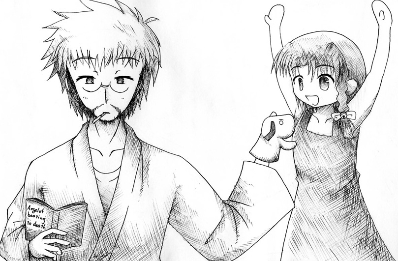 00s, aoba_kozue, haibara_yukio, johnny_ryuusei, mahoraba, monochrome, sketch