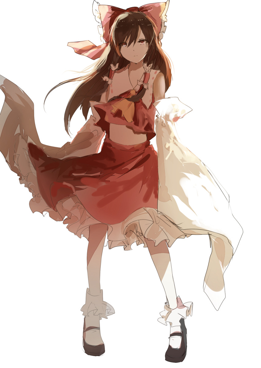 1girl, ascot, bare_shoulders, black_shoes, bow, brown_eyes, brown_hair, closed_mouth