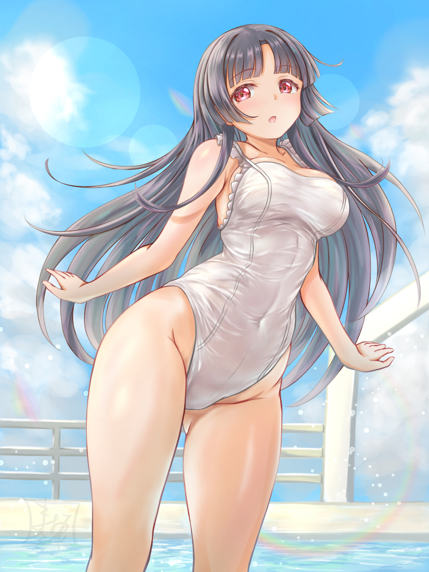 1girl, absurdres, bare_arms, bare_shoulders, black_hair, blue_sky, blunt_bangs, breasts