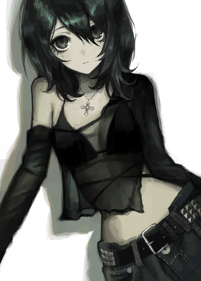 1girl, arm_at_side, belt, belt_buckle, black_belt, black_bra, black_eyes, black_hair, black_pants, black_shorts, bra, breasts, buckle, closed_mouth, commentary, covered_navel, cropped_shirt, cross, cross_necklace, denim, drop_shadow, dutch_angle, english_commentary, expressionless, eyelashes, gd783hhh, goth_fashion, hair_between_eyes, jeans, jewelry, long_bangs, looking_at_viewer, medium_hair, midriff, mole, mole_under_eye, navel, necklace, off_shoulder, original, outstretched_arm, pale_skin, pants, pendant, see-through_clothes, see-through_shirt, shirt, shorts, simple_background, small_breasts, solo, strap, studded_belt, underwear, upturned_eyes, white_background