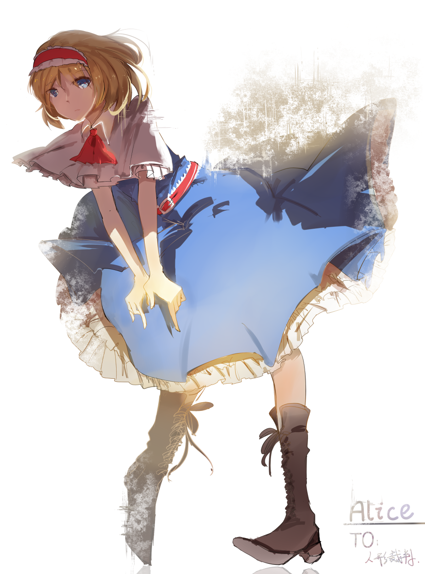 1girl, alice_margatroid, ascot, belt, belt_buckle, blonde_hair, blue_dress, blue_eyes