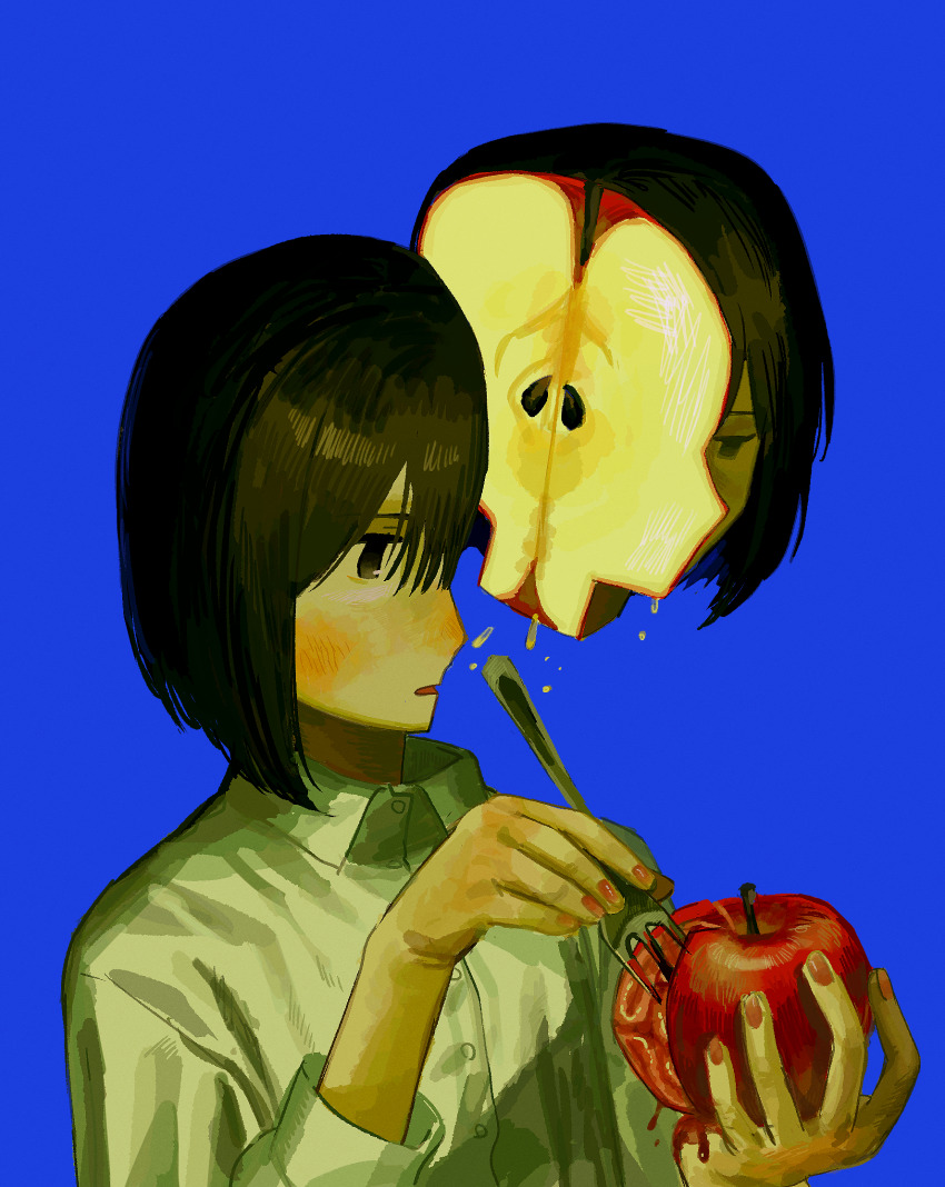 1girl, apple, apple_slice, black_hair, blood, blood_on_food, blood_on_fork, blue_background
