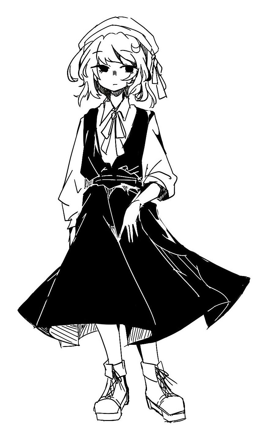 1girl, bad_id, bad_twitter_id, boots, bow, chinese_commentary, closed_mouth, collared_shirt