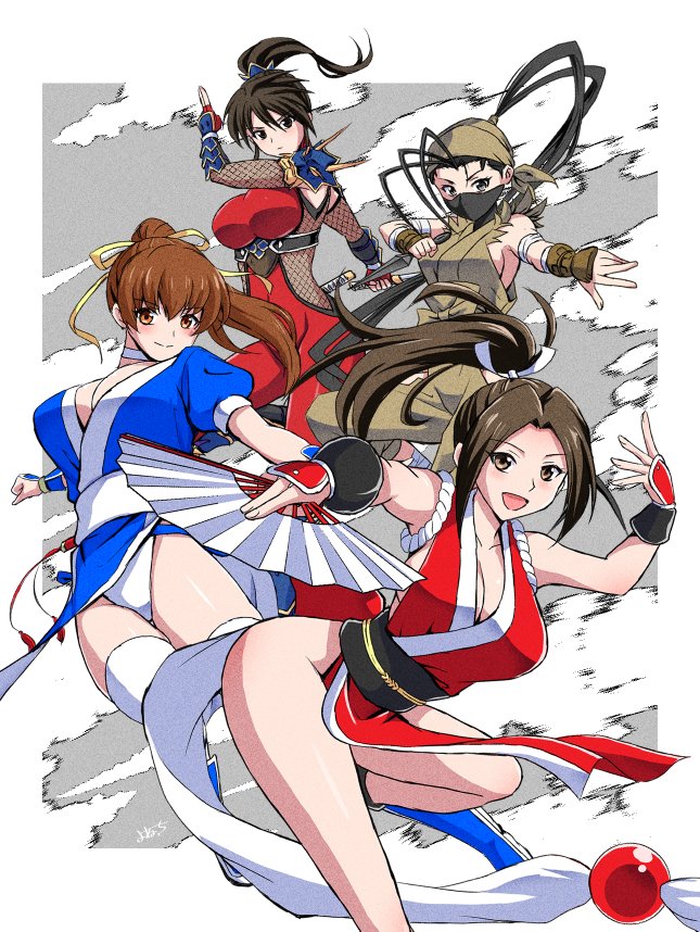 4girls, antenna_hair, arm_guards, bandana, black_hair, bodysuit, breasts, brown_eyes