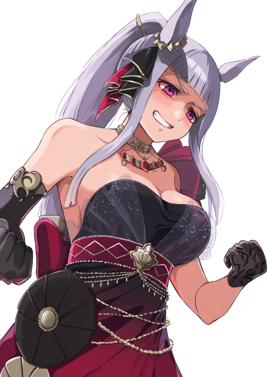 1girl, absurdres, animal_ears, armpits, asymmetrical_gloves, bare_arms, bare_shoulders, blunt_bangs