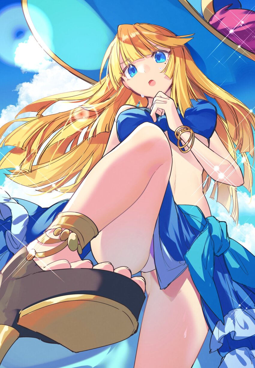 1girl, absurdres, alvida_(p&amp;d), bikini, blonde_hair, blue_bikini, blue_sarong, foot_focus