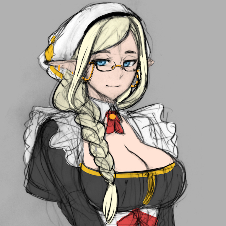 1girl, black_dress, blonde_hair, blue_eyes, braid, breasts, cleavage, closed_mouth