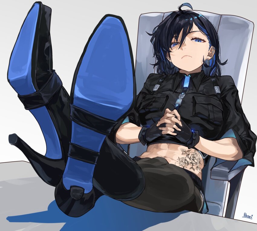 1girl, abs, ahoge, artist_name, ayase_yuu, ayase_yuu_(1st_costume), black_gloves, black_hair