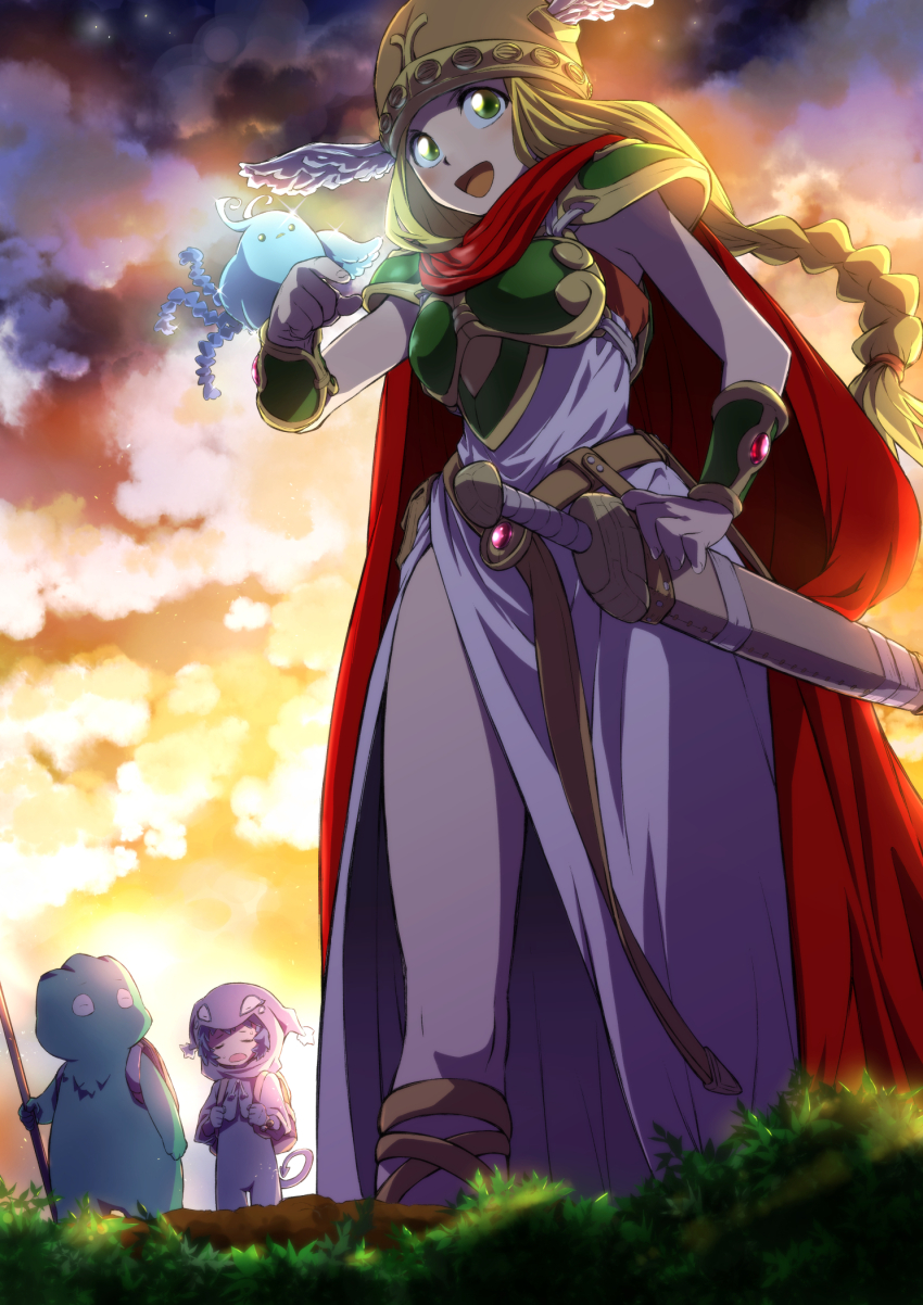 2girls, armor, blonde_hair, cape, dress, grass, green_armor, green_eyes