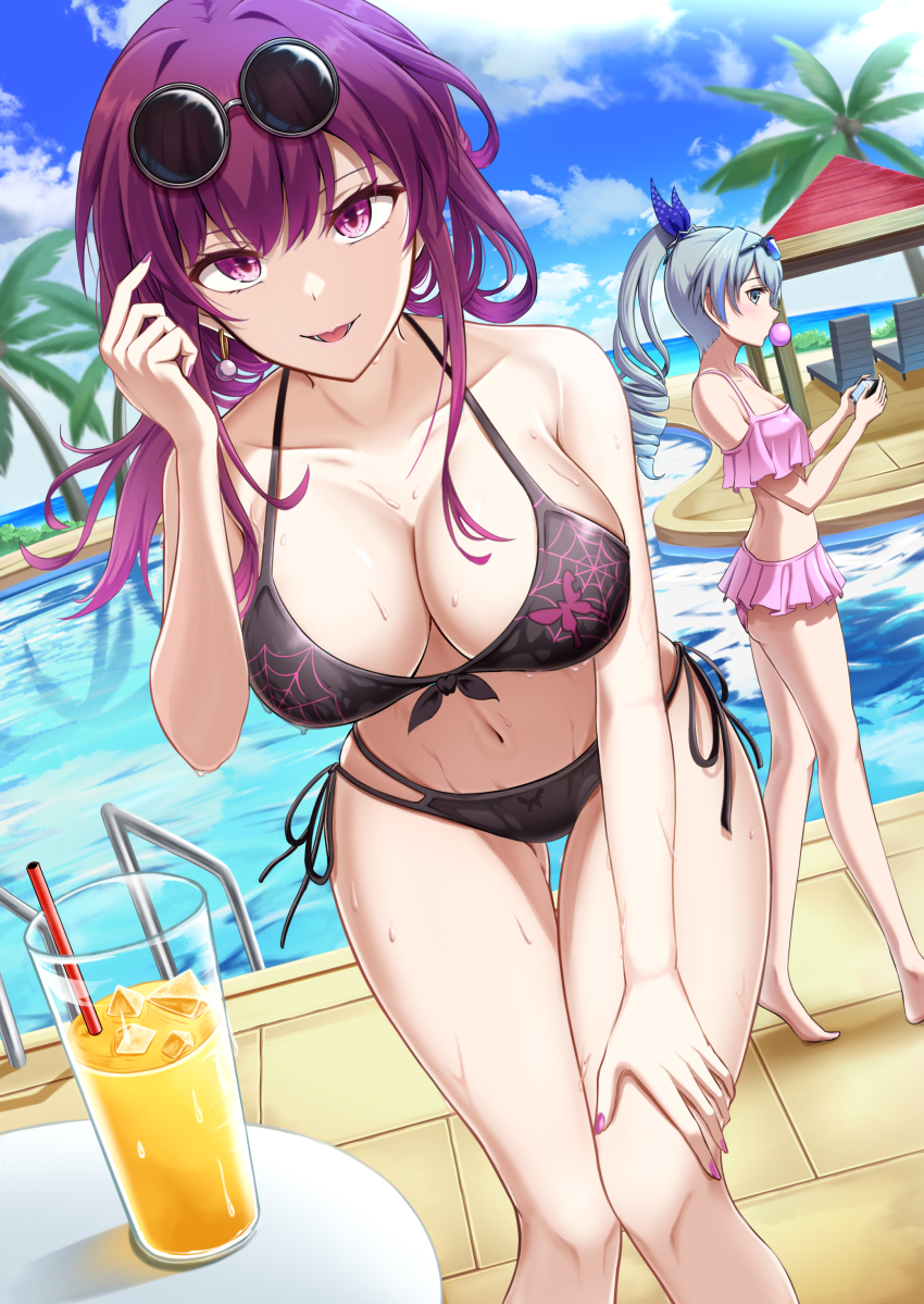 2girls, absurdres, alternate_costume, bare_legs, bare_shoulders, barefoot, beach_chair, bikini