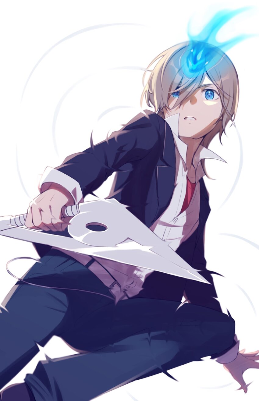 1boy, black_pants, blazer, blue_eyes, blue_fire, character_request, clenched_teeth, collarbone