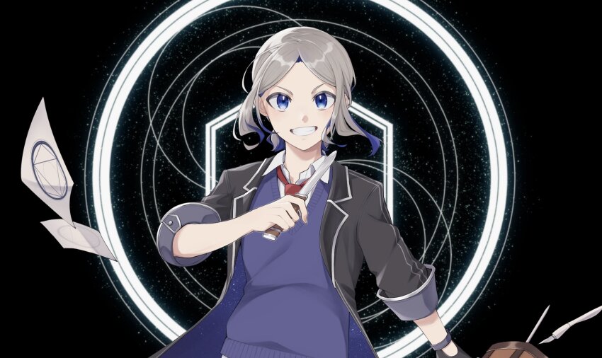 1girl, :d, black_background, black_jacket, blazer, blue_eyes, commentary_request, gloves