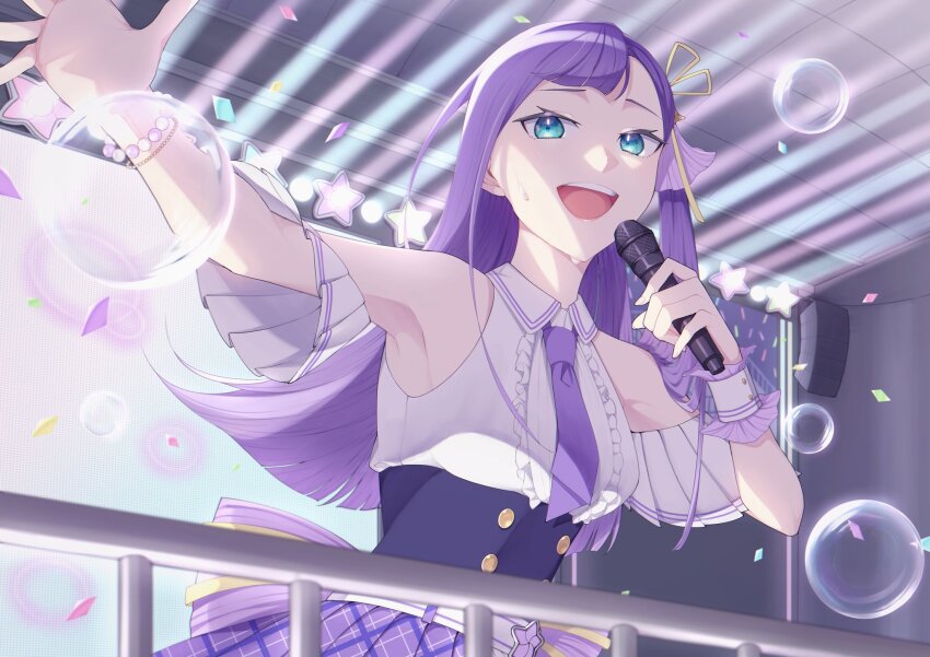 1girl, :d, armpits, blue_eyes, breasts, bubble, collared_shirt, commentary_request