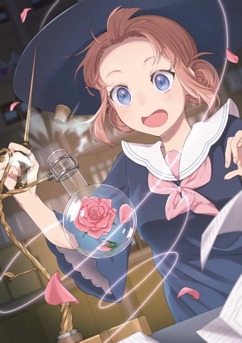 1girl, :d, blue_eyes, blurry, blurry_background, blush, breasts, brown_hair